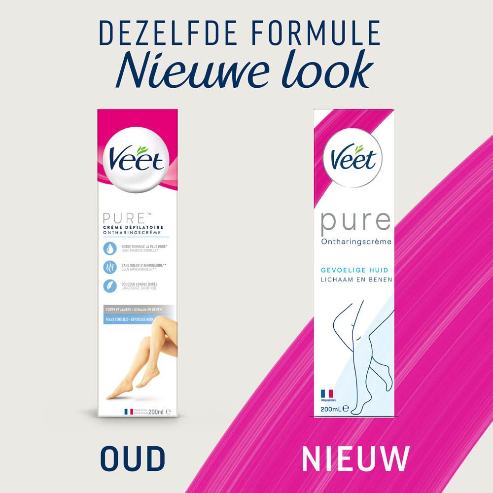 Veet Pure Ontharingscrème, oude verpakking. Voor gevoelige huid, lichaam en benen. 200ml.
