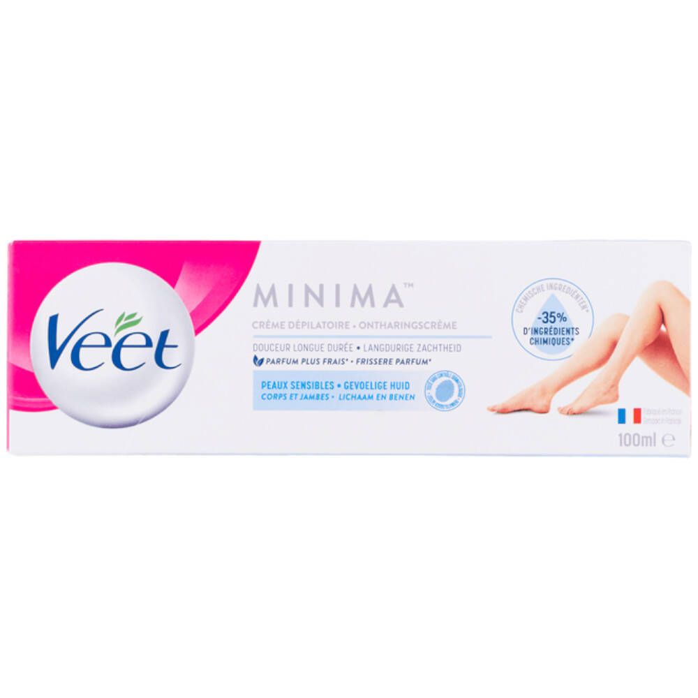 Boîte de crème dépilatoire Veet Minima. Rose et blanc. Jambes illustrées. Texte: Peaux sensibles, 100ml.