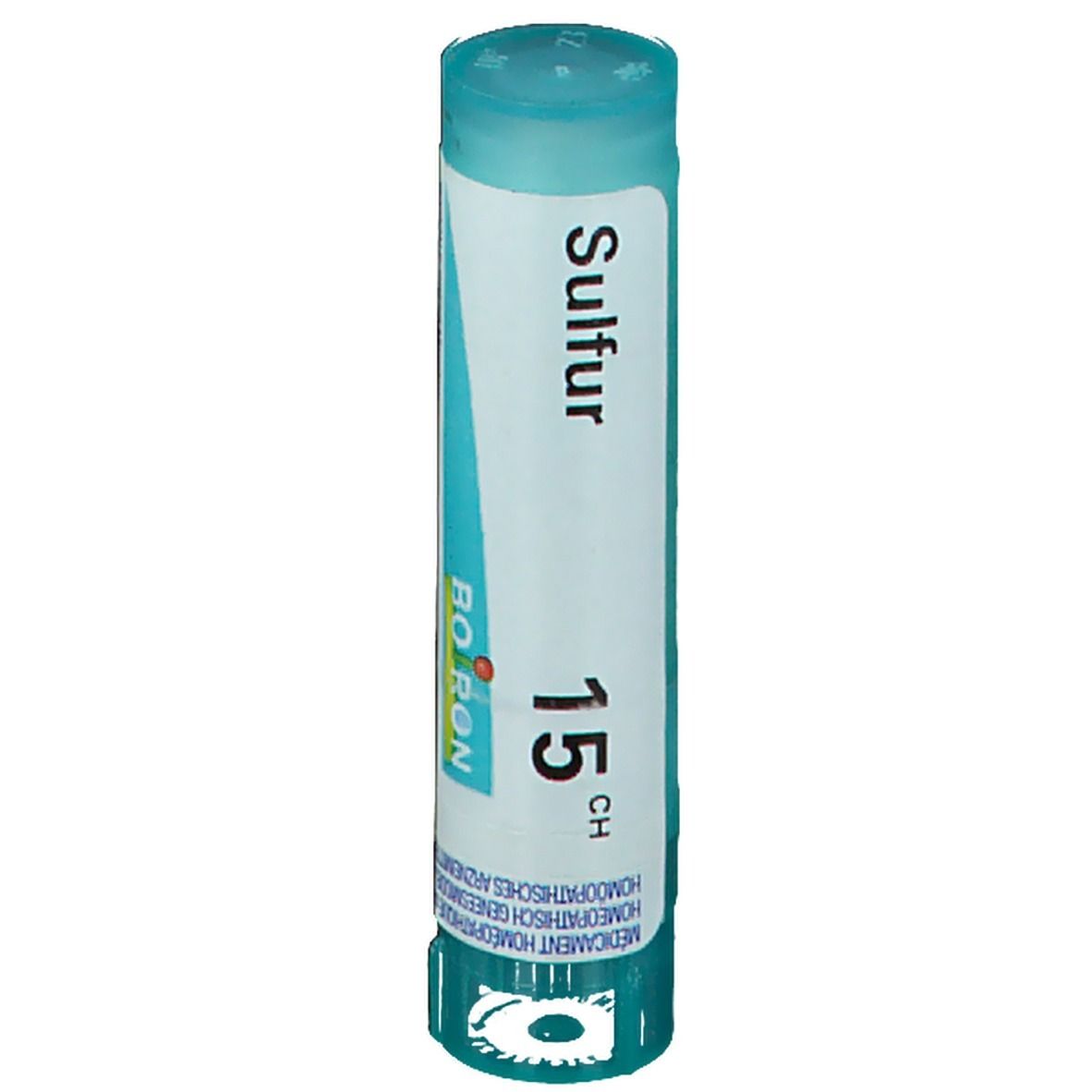 Cilindervormige verpakking met blauwe dop. Opschrift "Sulfur 15 CH" en "Boiron".