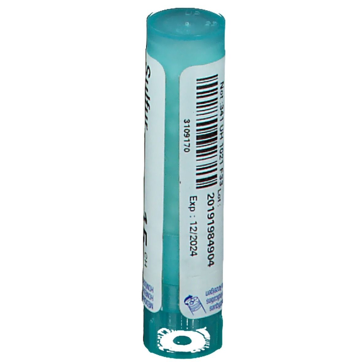 Cilindervormige verpakking met blauwe dop. Barcode en vervaldatum 12/2024.