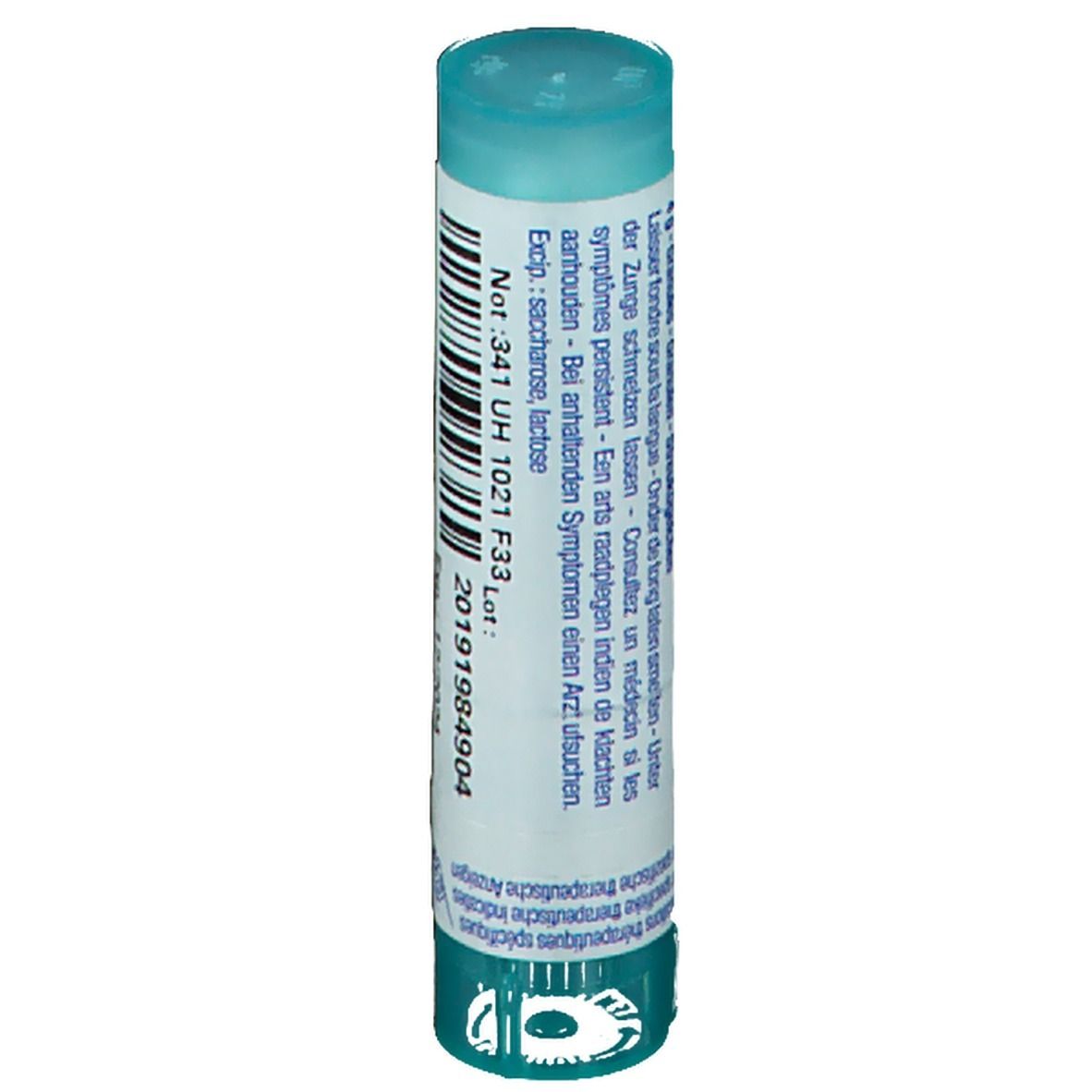 Cilindervormige verpakking met blauwe dop. Tekst over gebruik en ingrediënten.