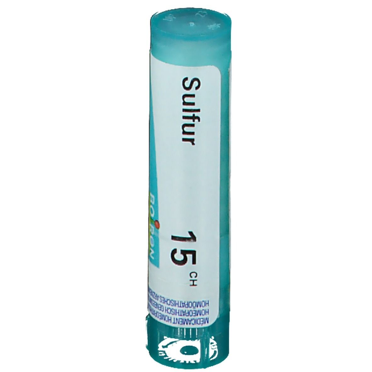 Cilindervormige verpakking met blauwe dop. Opschrift "Sulfur 15 CH" en "Boiron".