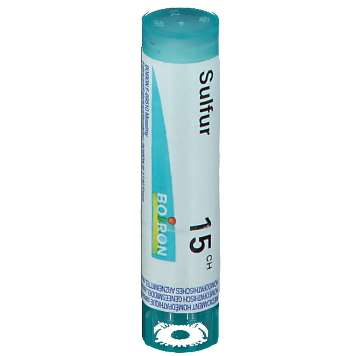 Cilindervormige verpakking met blauwe dop. Opschrift "Sulfur 15 CH" en "Boiron".