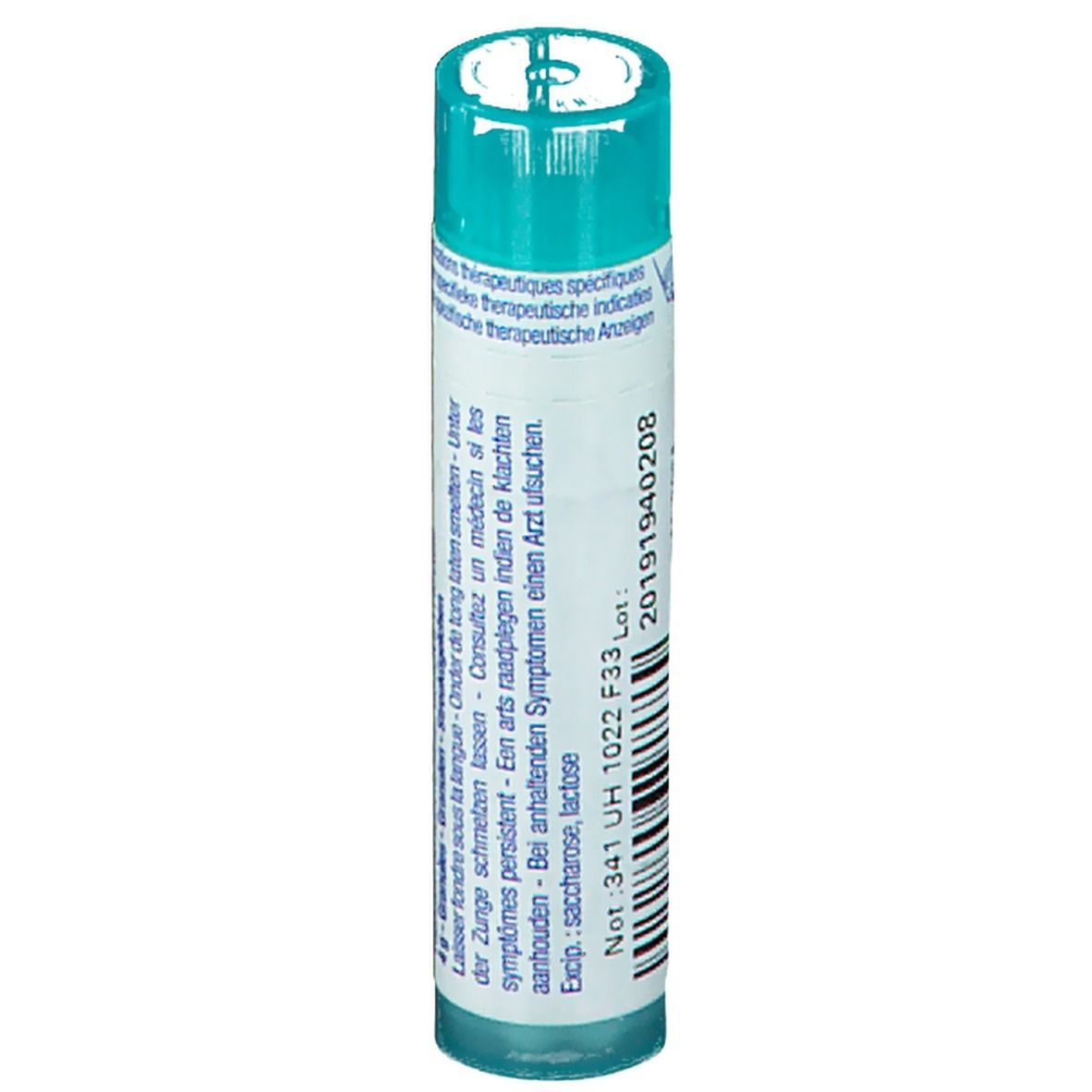 Flacon cylindrique avec étiquette blanche et bouchon bleu. Inscription: Numéro de lot, date d'expiration, Boiron.