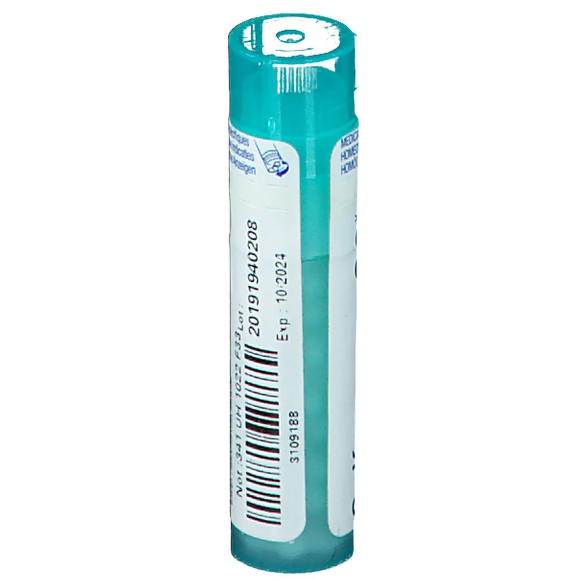 Flacon cylindrique avec étiquette blanche et bouchon bleu. Inscription: Numéro de lot, date d'expiration.