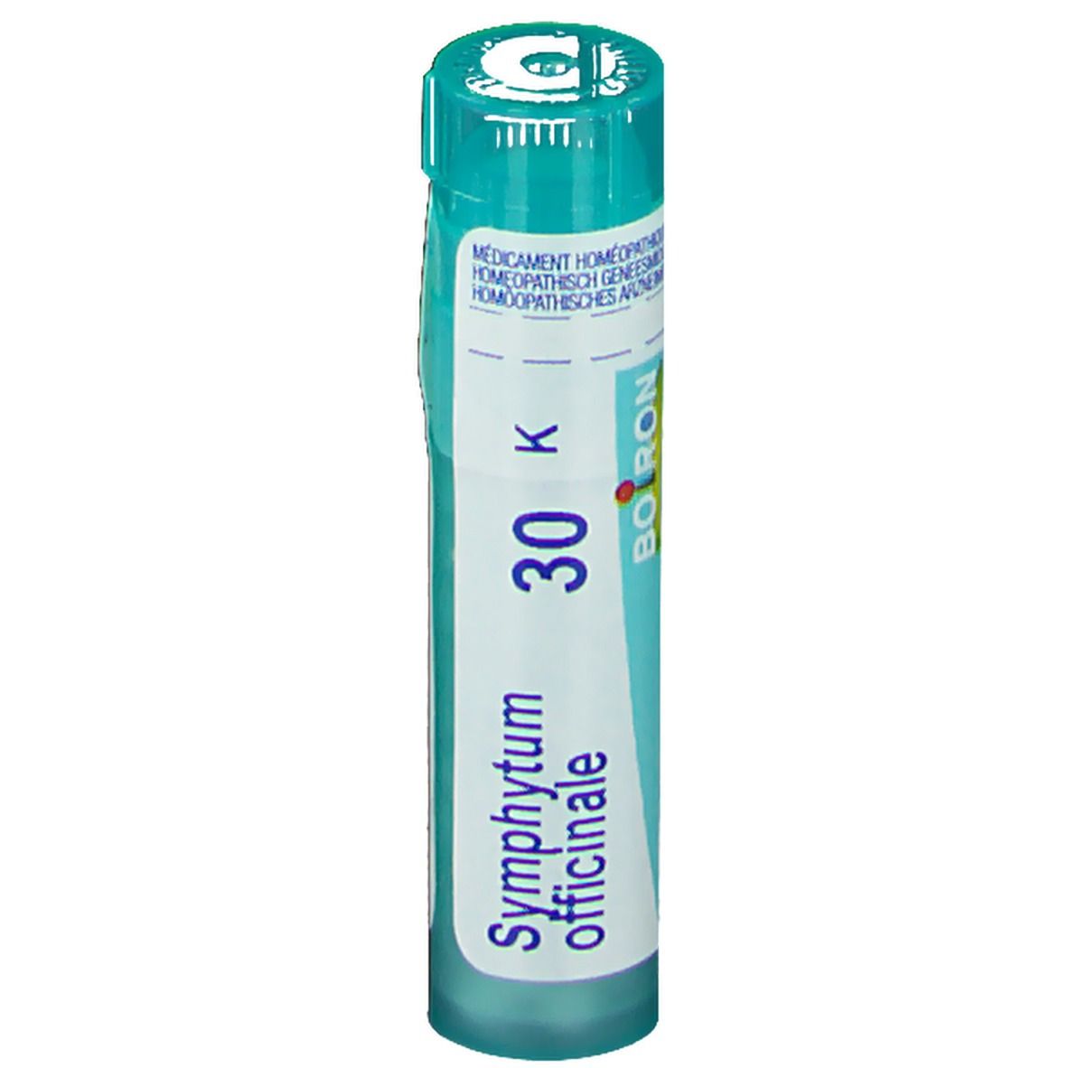 Cilindervormige verpakking. Opschrift: Symphytum officinale 30 K, Boiron. Turkooiskleurige dop.