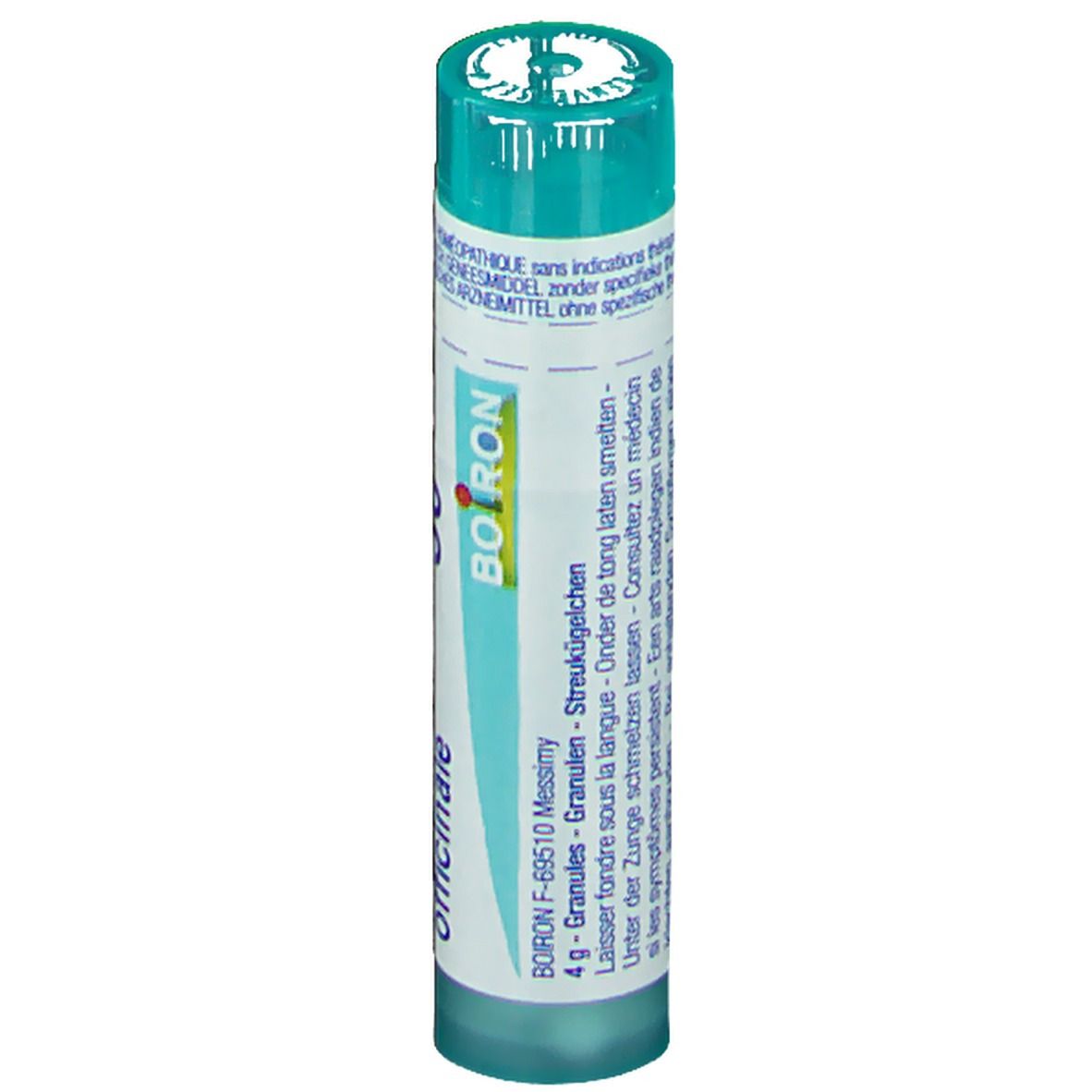 Cilindervormige verpakking. Opschrift: Boiron, Granules, 4 g. Turkooiskleurige dop.