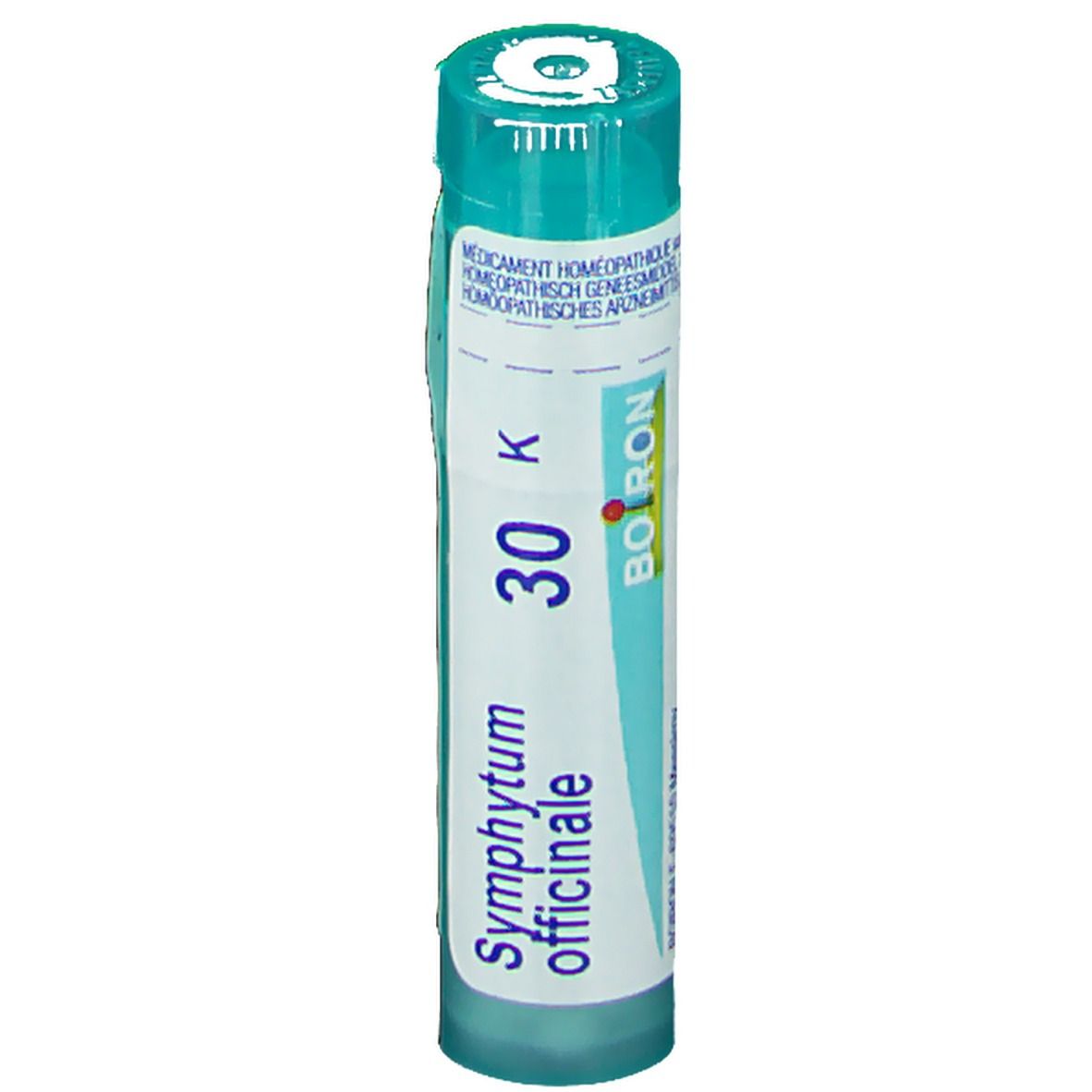 Cilindervormige verpakking. Opschrift: Symphytum officinale 30 K, Boiron. Turkooiskleurige dop.