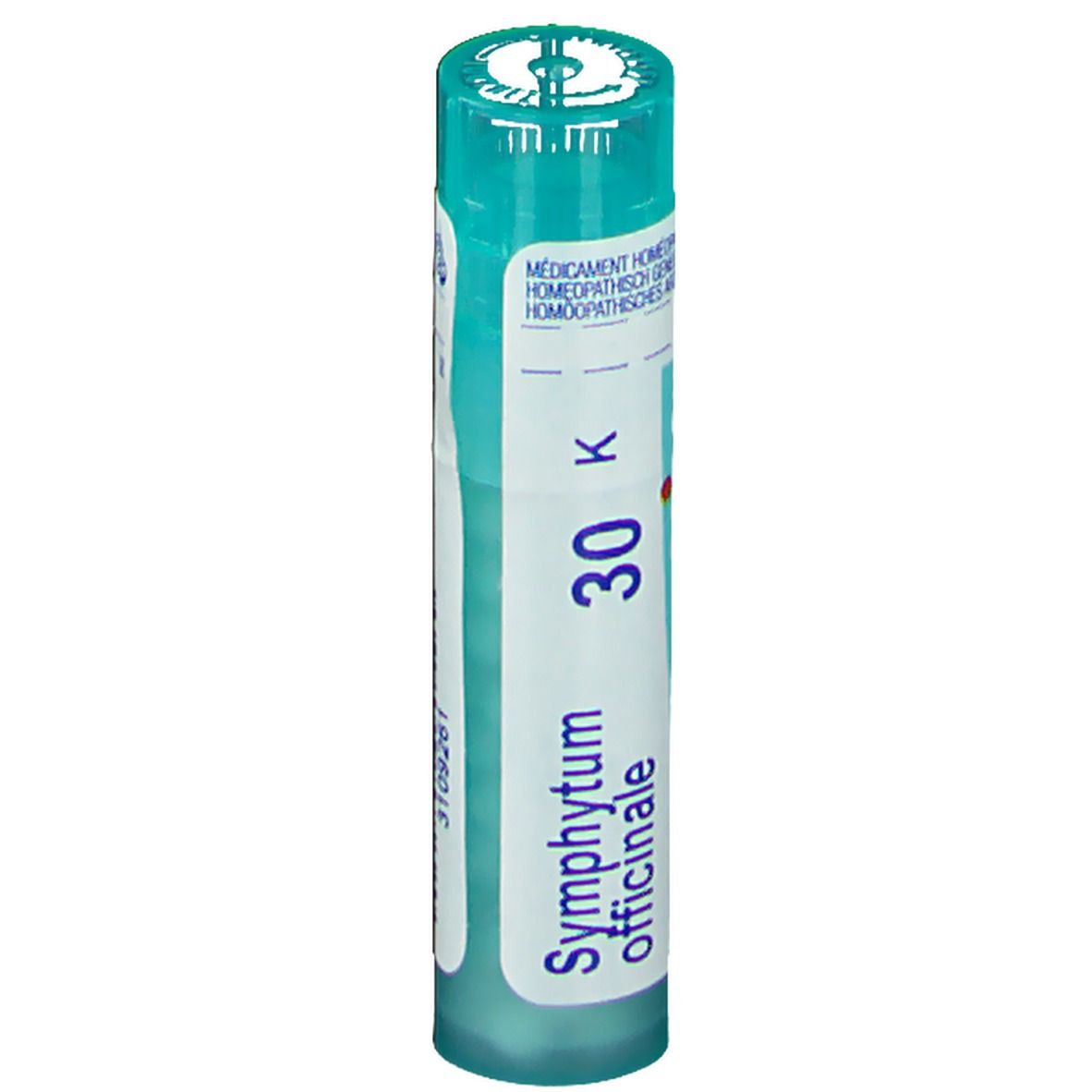 Cilindervormige verpakking. Opschrift: Symphytum officinale 30 K, Boiron. Turkooiskleurige dop.