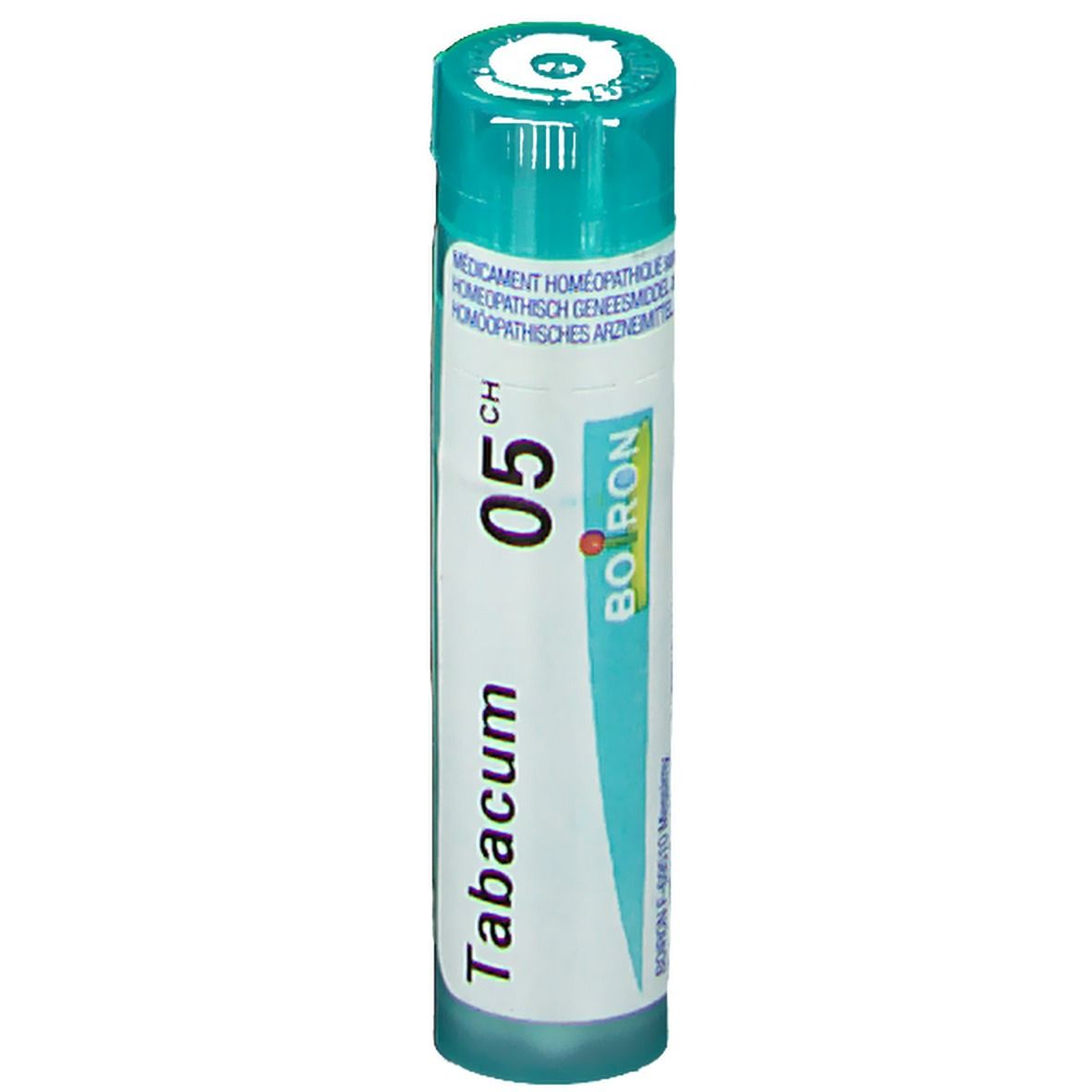 Flacon cylindrique Boiron Tabacum 5CH. Étiquette blanche, texte bleu. Bouchon vert.