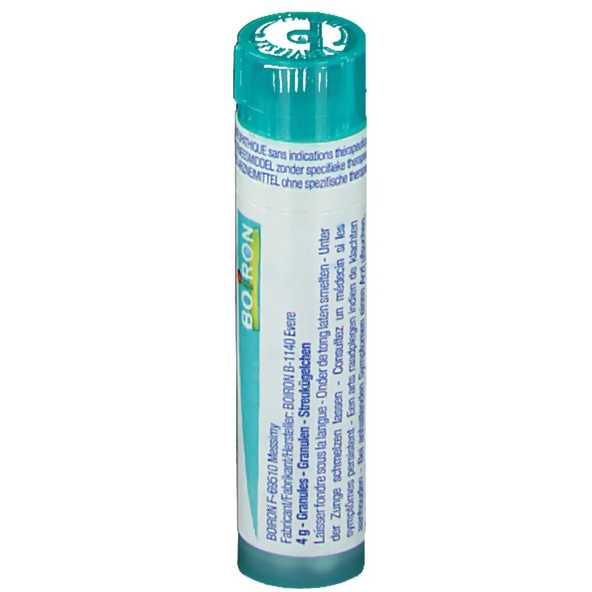 Flacon cylindrique Boiron. Étiquette blanche, texte bleu. Bouchon vert. 4g granules.