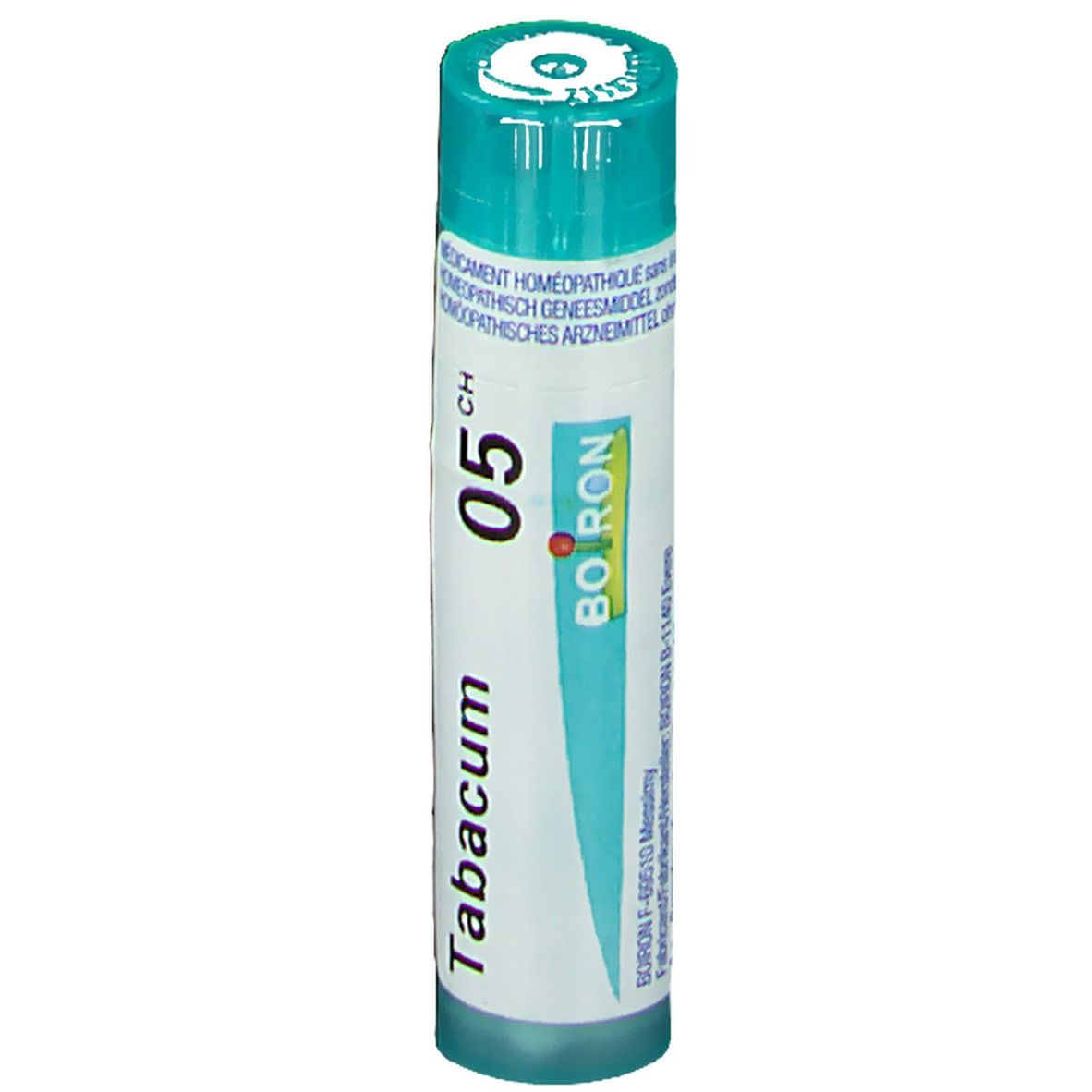 Flacon cylindrique Boiron Tabacum 5CH. Étiquette blanche, texte bleu. Bouchon vert.
