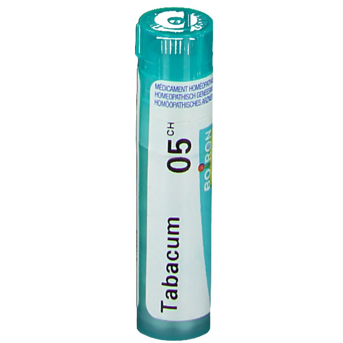 Flacon cylindrique Boiron Tabacum 5CH. Étiquette blanche, texte bleu. Bouchon vert.