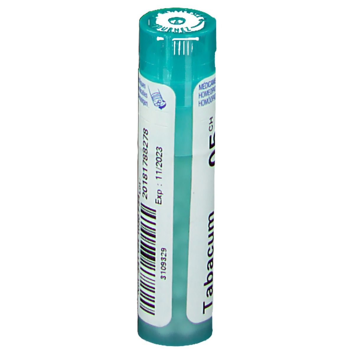 Flacon cylindrique. Étiquette blanche, texte bleu. Bouchon vert. Numéro de lot et date d'expiration.