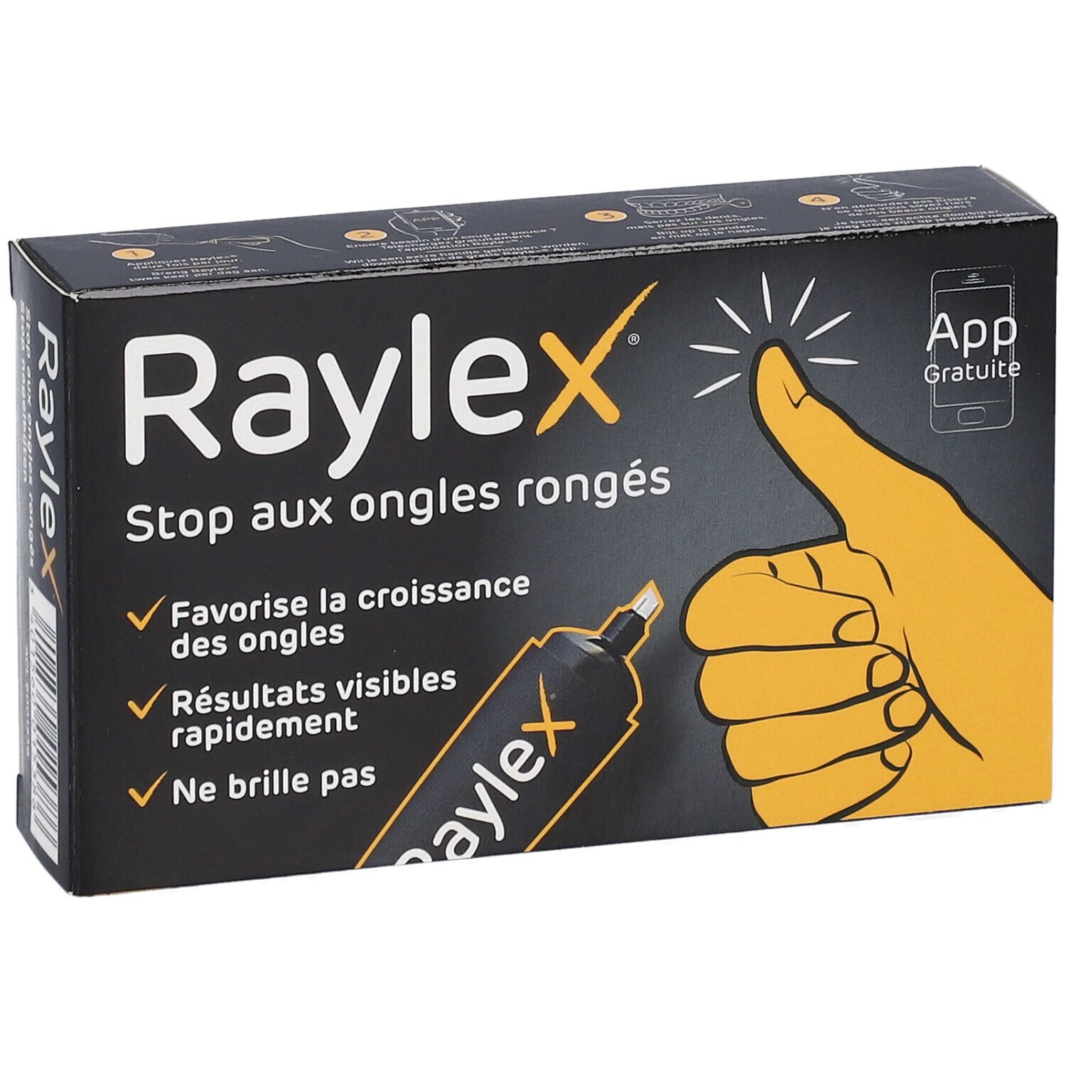 Boîte Raylex, "Stop aux ongles rongés". Illustration d'un pouce et d'un stylo. Texte : "Favorise la croissance des ongles".