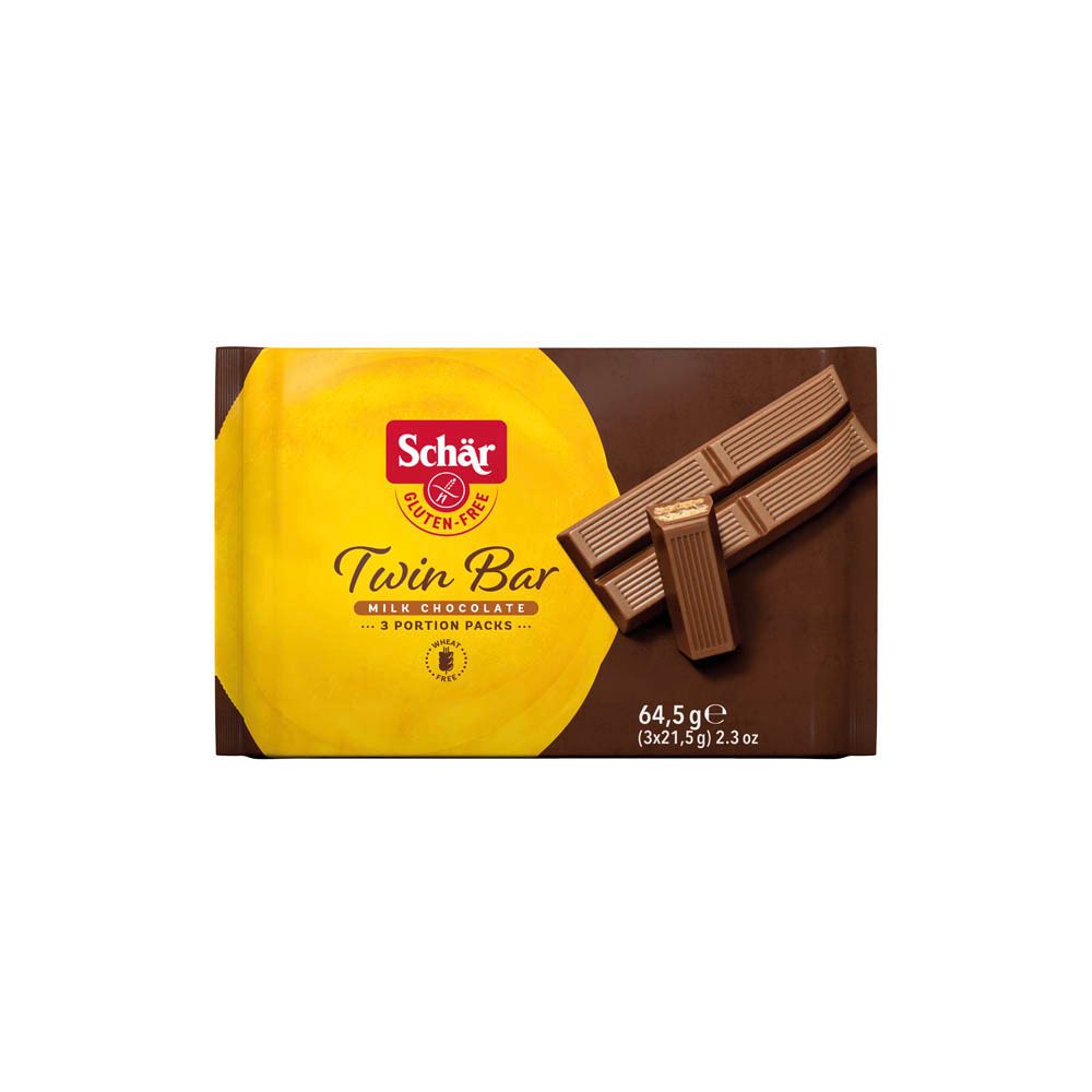 Schär Twin Bar, glutenvrij, in verpakking. Geelbruine verpakking met productnaam en 3 porties.