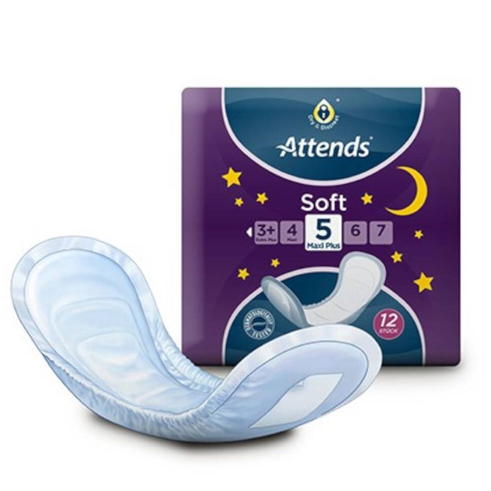 Protection Attends Soft 5 Maxi Plus. Protection bleu clair, emballage avec image du produit. Inscription : Attends Soft, 5, Maxi Plus, 12 pièces.