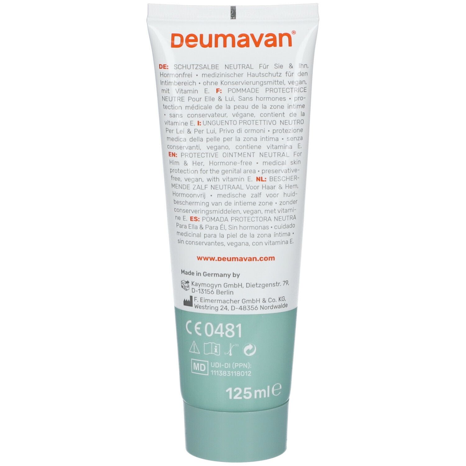 Dos du tube de crème Deumavan Intim. Texte en allemand, anglais, italien, espagnol et néerlandais. 125ml.