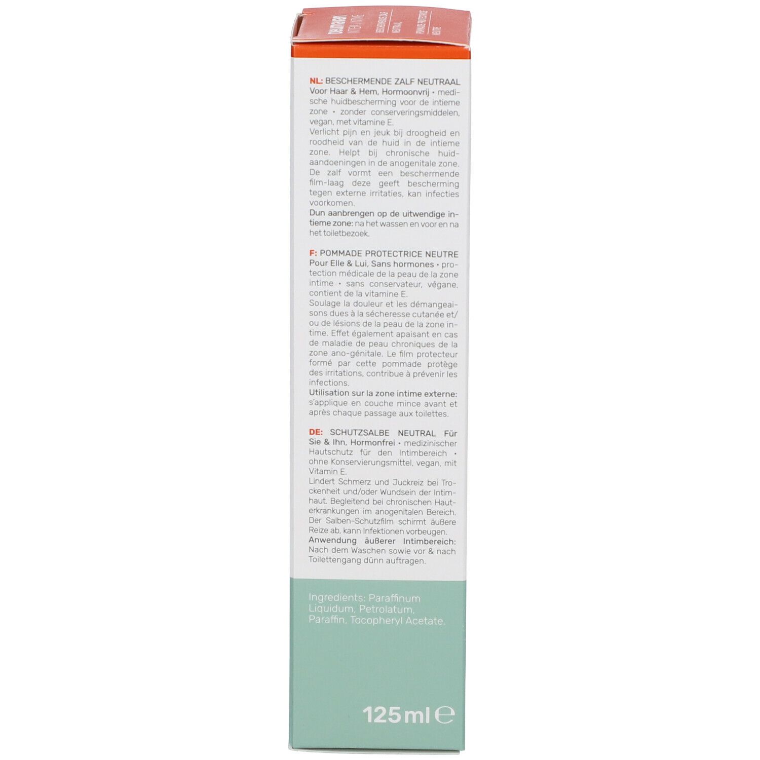 Dos de l'emballage Deumavan Intim. Texte en allemand, anglais, français, néerlandais et espagnol. 125ml.