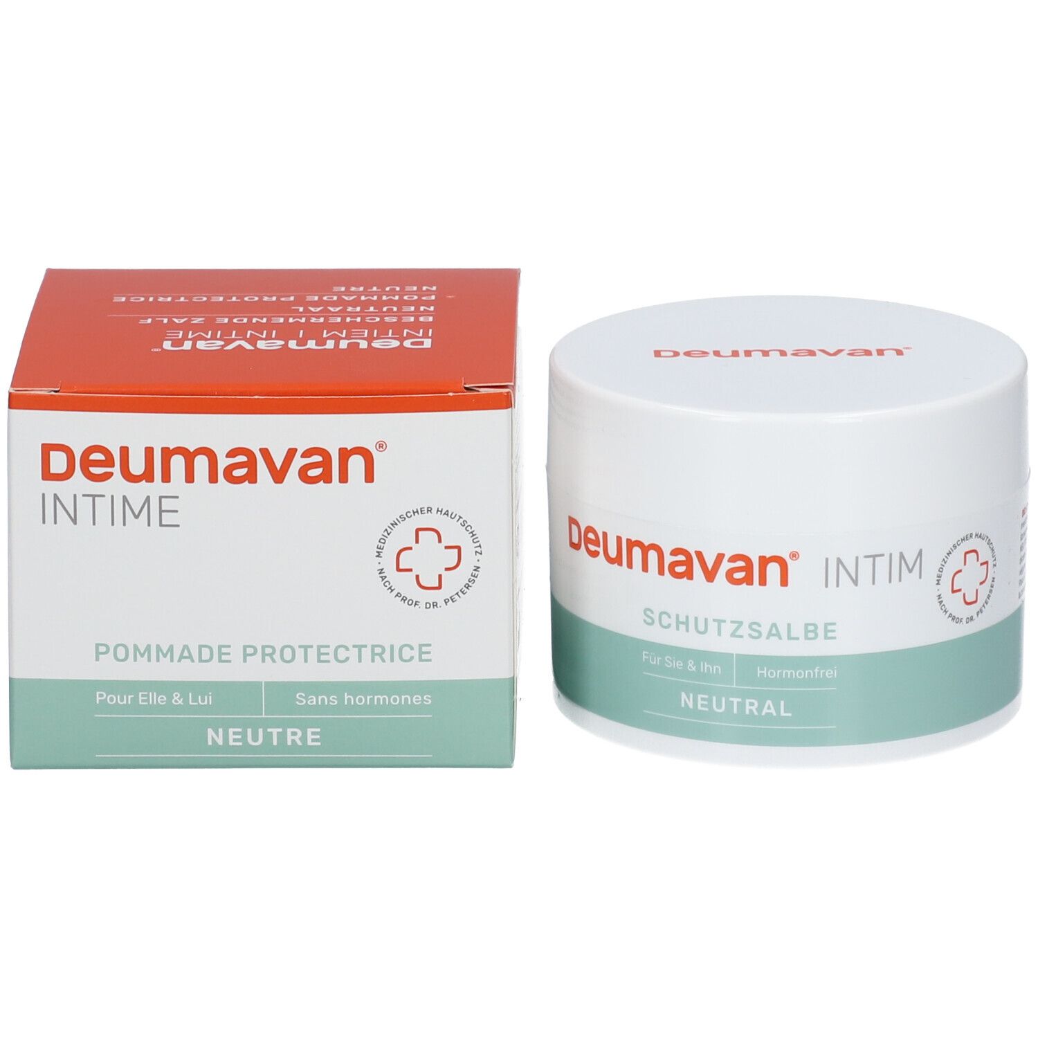 Emballage et pot du produit. Emballage rouge avec texte blanc. Pot avec bande verte et blanche.