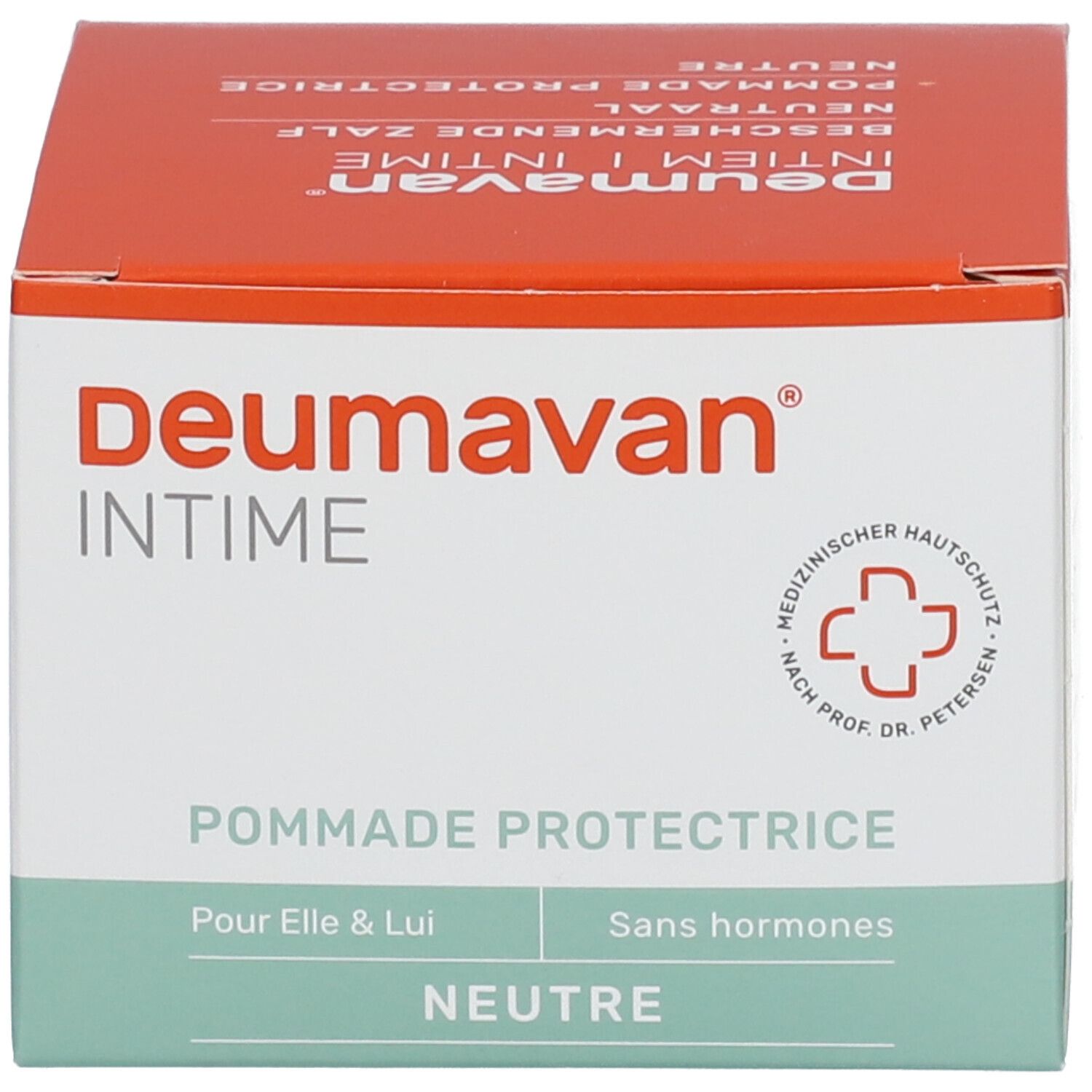 Emballage produit rouge avec texte blanc. Inscription : Deumavan Intime Pommade protectrice. Bande verte et blanche.