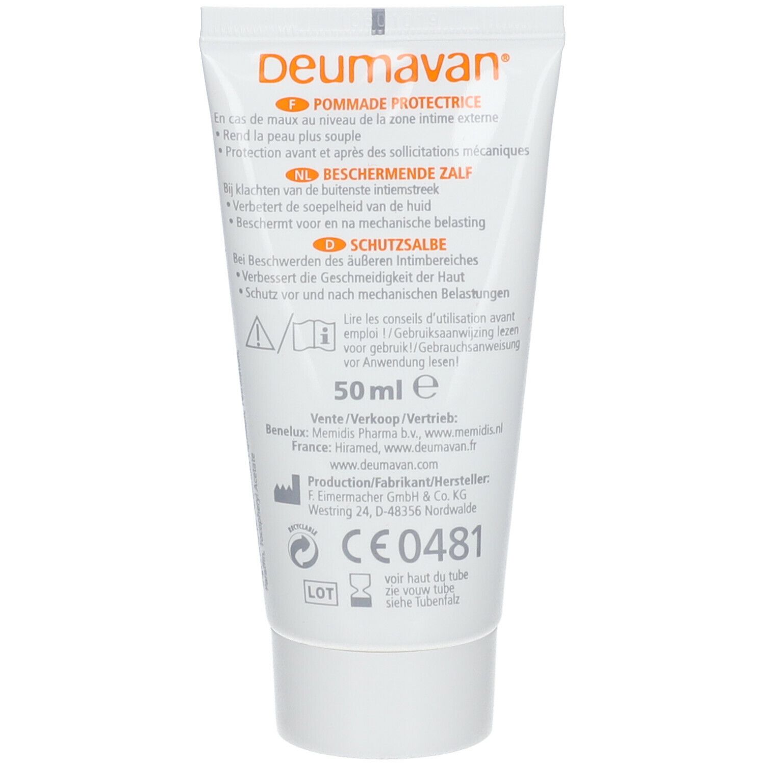 Rückseite der Creme-Tube. Text in mehreren Sprachen. Aufdruck: 50ml e, CE0481. Informationen zu Hersteller und Vertrieb.