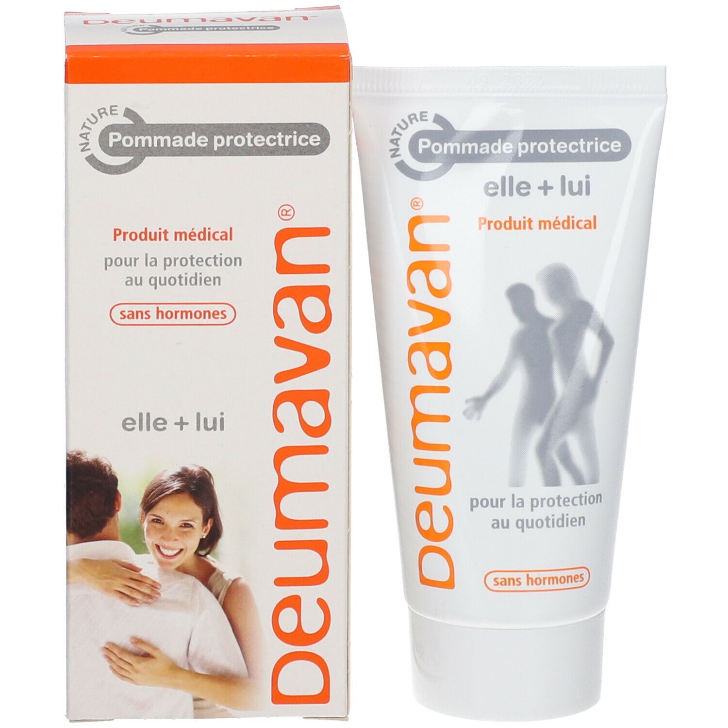 Produktverpackung und Tube. Verpackung mit Logo und Produktnamen. Tube mit Logo und Aufdrucken. Abbildung eines Paares.