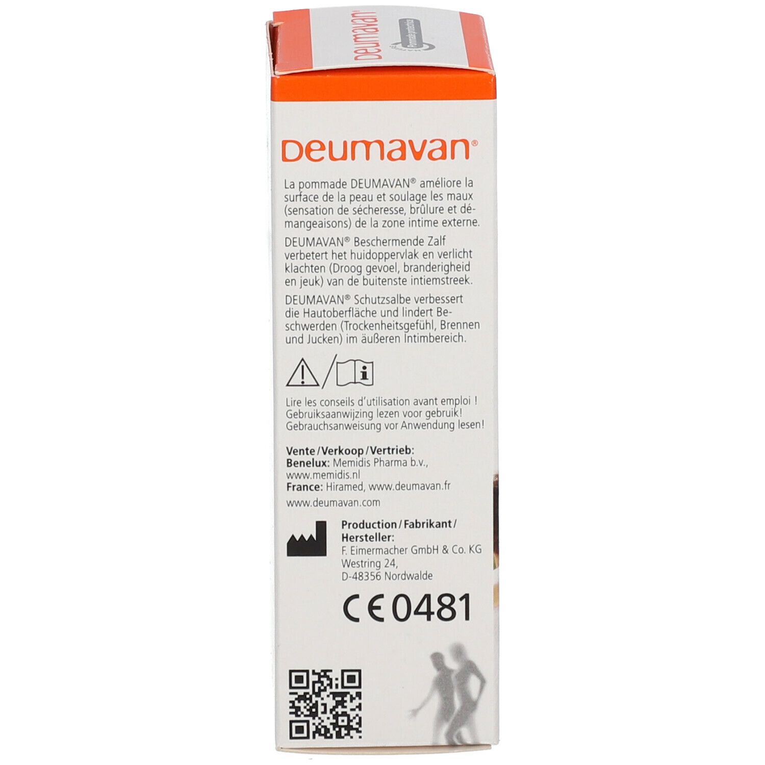 Produktverpackung. Rückseite mit Text in mehreren Sprachen. Aufdrucke: CE0481, QR-Code. Informationen zu Hersteller und Vertrieb.
