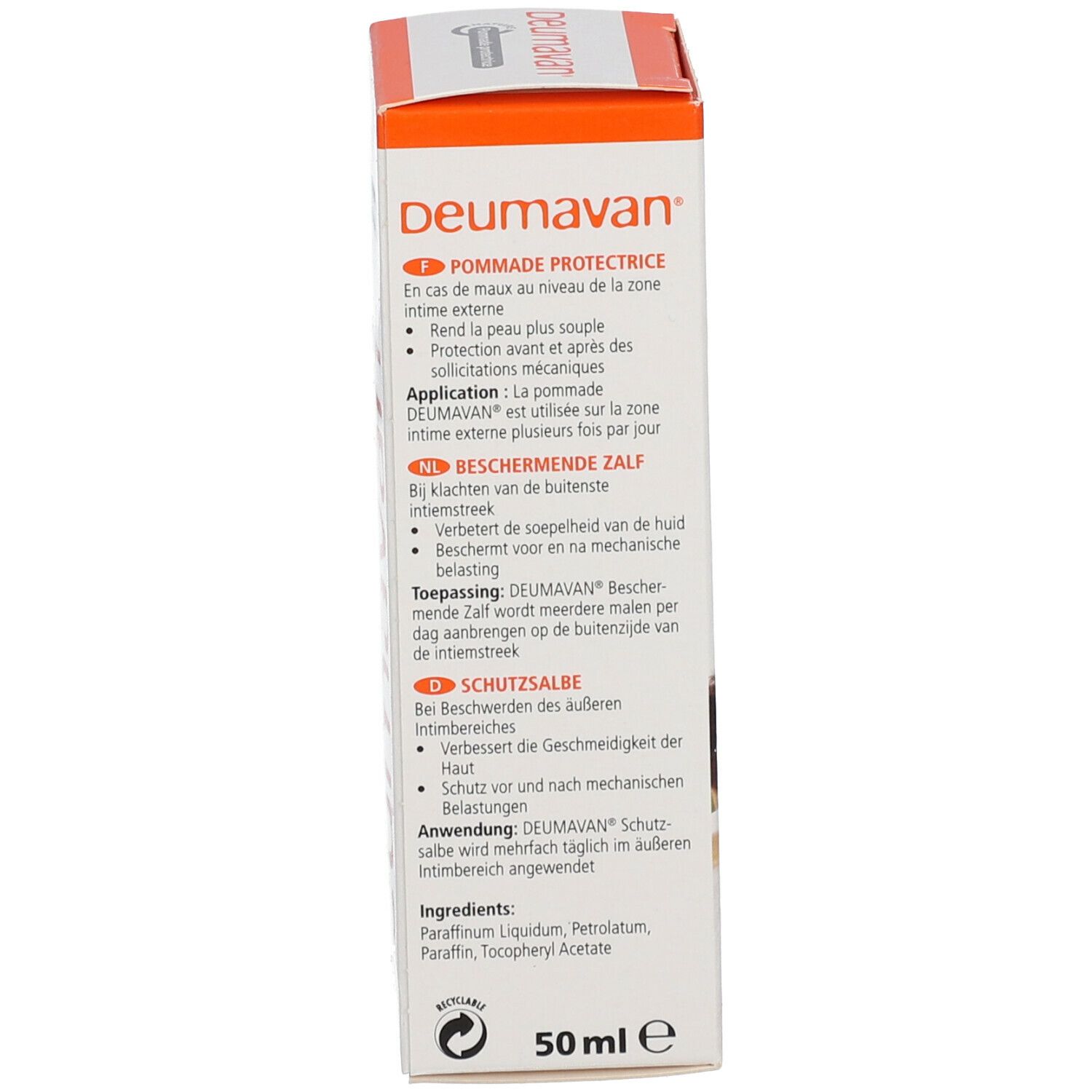 Produktverpackung. Seite mit Text in mehreren Sprachen. Aufdruck: 50ml e. Informationen zu Inhaltsstoffen.