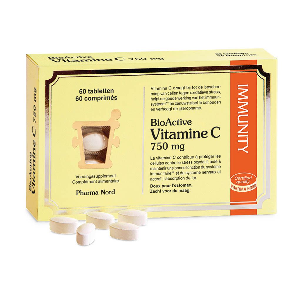 Boîte de BioActive Vitamine C 750 mg, 60 comprimés. Emballage jaune avec informations produit et logo.