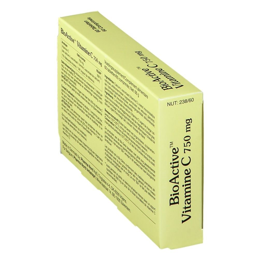 Boîte de BioActive Vitamine C 750 mg, 60 comprimés. Emballage jaune avec informations produit et logo.
