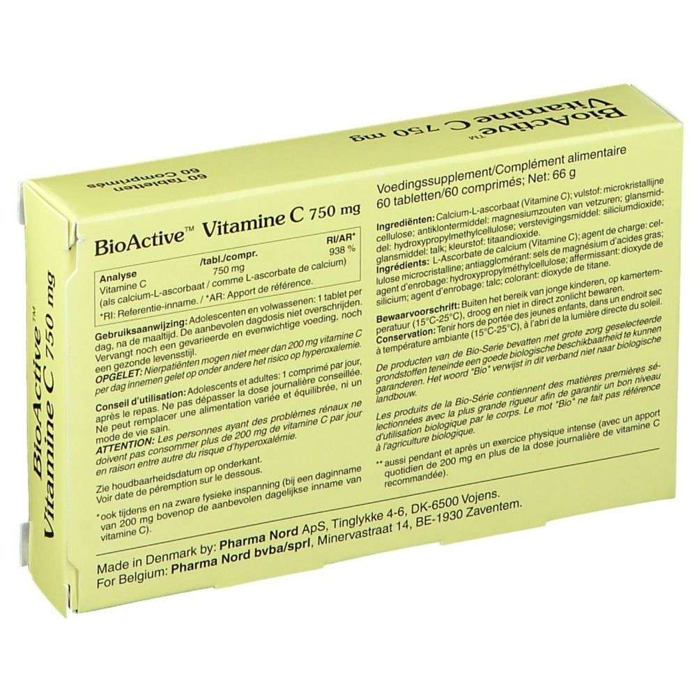 Boîte de BioActive Vitamine C 750 mg, 60 comprimés. Emballage jaune avec informations produit et logo.