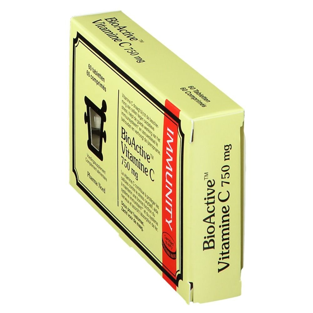 Boîte de BioActive Vitamine C 750 mg, 60 comprimés. Emballage jaune avec informations produit et logo.