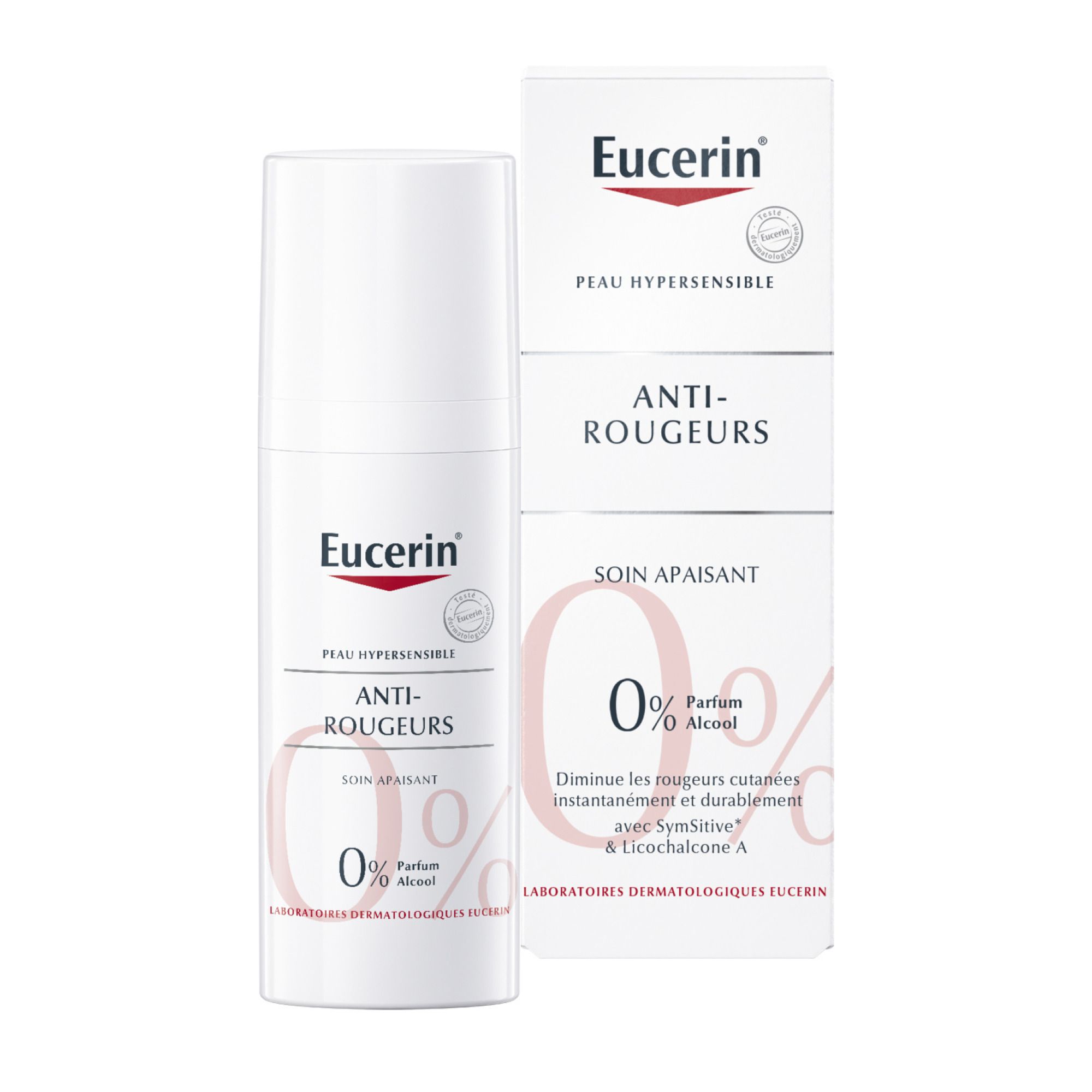 Eucerin crème anti-rougeurs et emballage. Produit blanc avec texte rouge. 0% parfum et alcool.