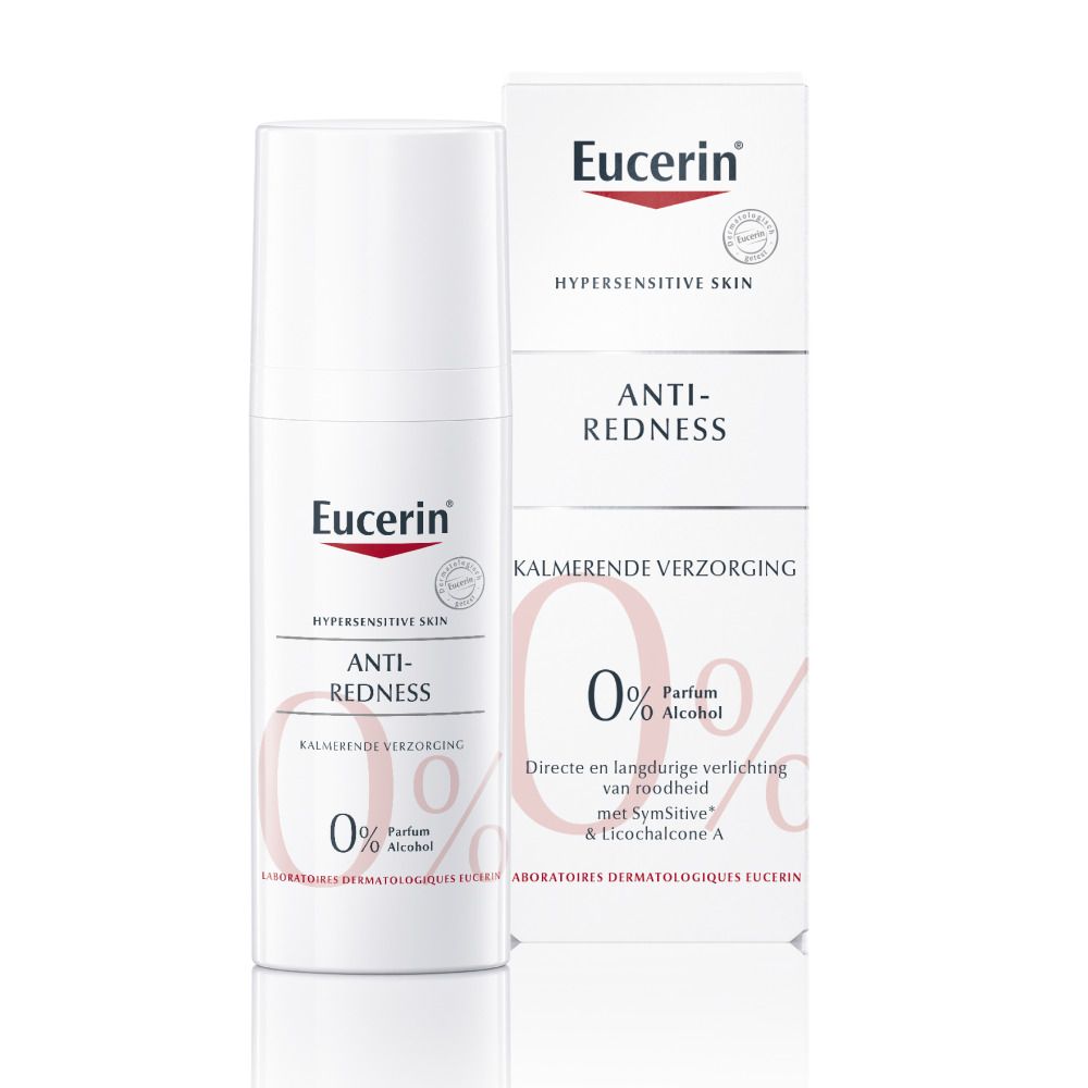 Eucerin Anti-Roodheid crème en verpakking. Wit product met rode tekst. 0% parfum & alcohol.