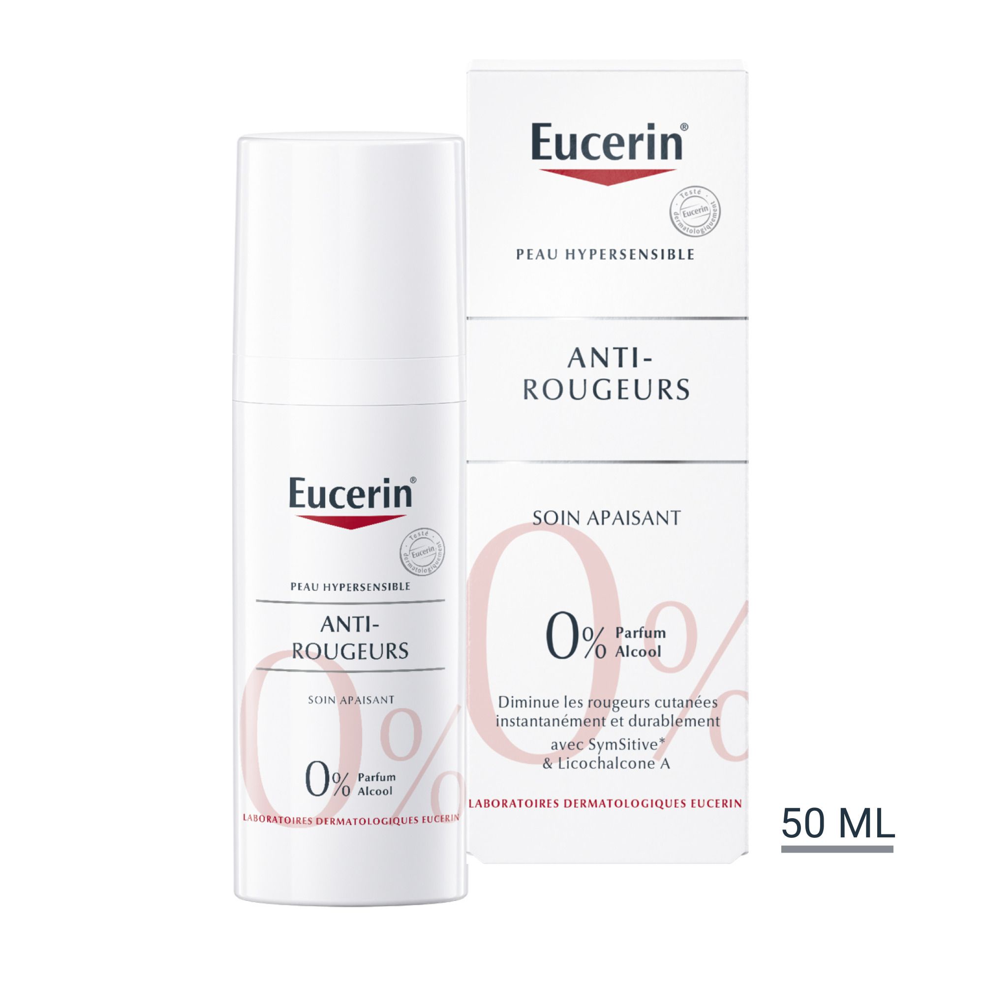 Eucerin crème anti-rougeurs et emballage. Produit blanc avec texte rouge. 50 ml.