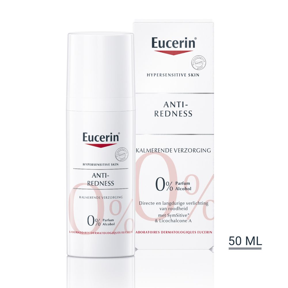 Eucerin Anti-Roodheid crème en verpakking. Wit product met rode tekst. 50 ml.