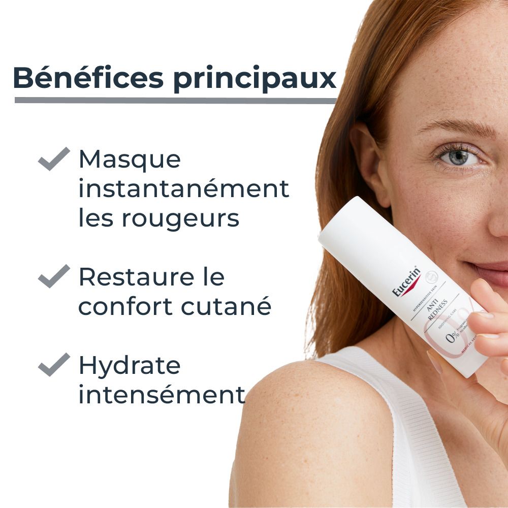Femme tenant Eucerin crème anti-rougeurs. Avantages: masque les rougeurs, restaure le confort cutané, hydrate.