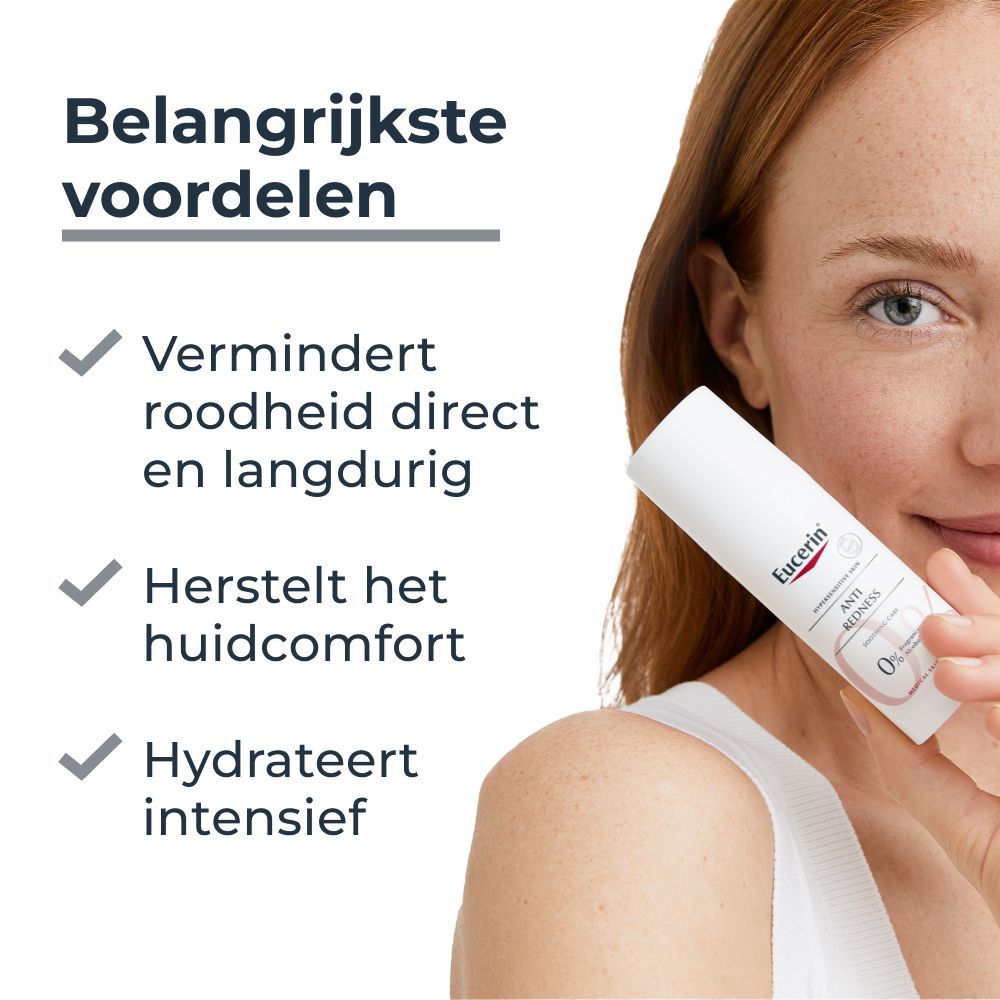 Vrouw houdt Eucerin Anti-Roodheid crème vast. Voordelen: maskeert roodheid, herstelt huidcomfort, hydrateert.