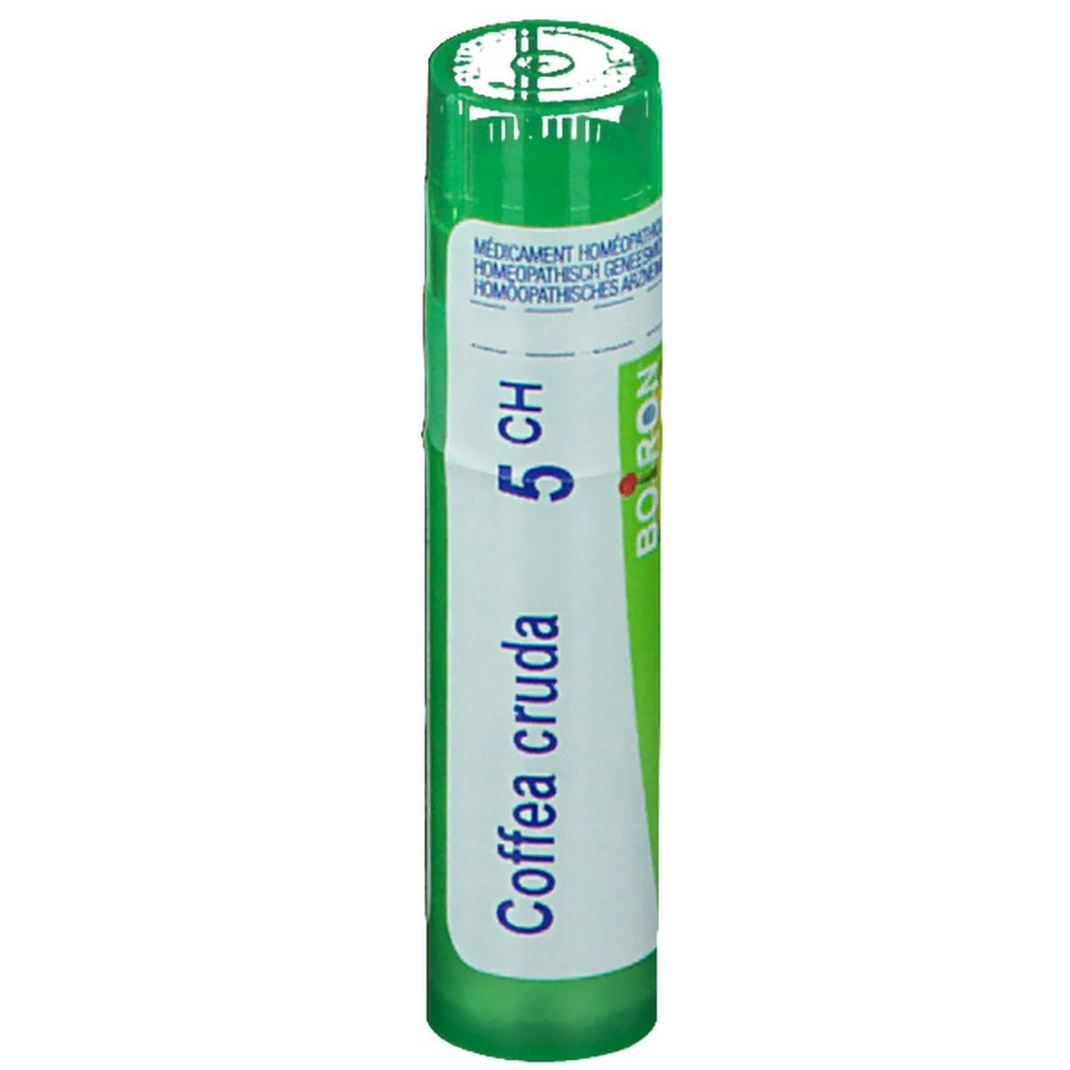 Groen-witte cilindervormige tube. Opschrift: Coffea cruda 5 CH, Boiron. Homeopathisch geneesmiddel.