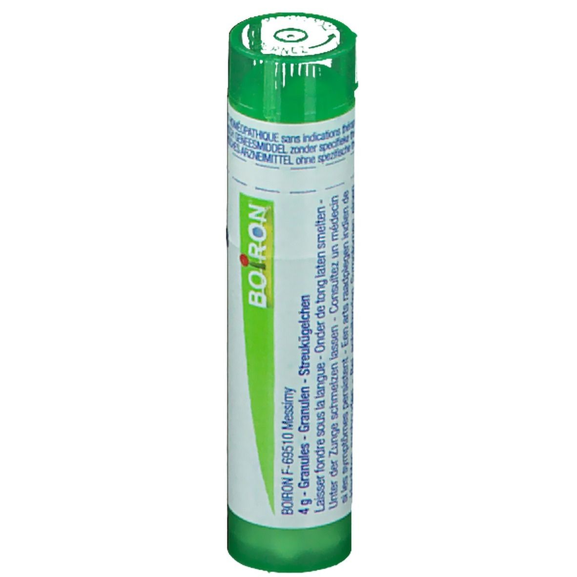 Groen-witte tube. Opschrift: Boiron F-69510 Messimy, 4 g - Globules. Onder de tong laten smelten.