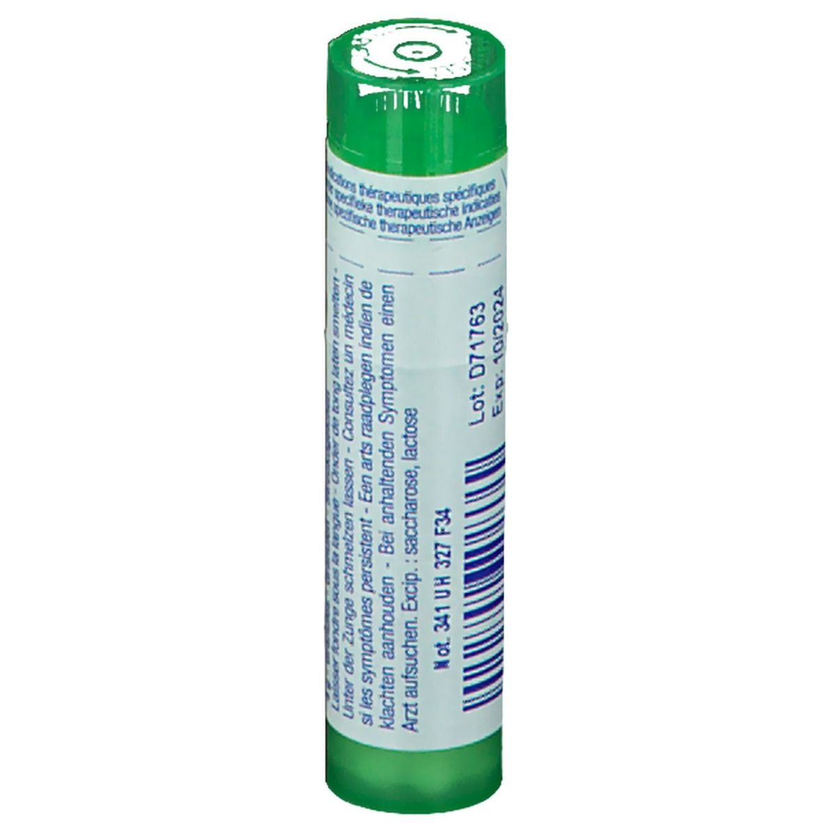Groen-witte tube. Opschrift: Globules. Ingrediënten: sacharose, lactose. Lotnummer en vervaldatum.