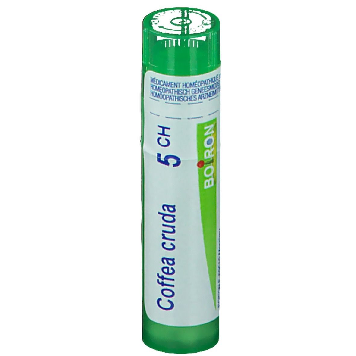 Groen-witte cilindervormige tube. Opschrift: Coffea cruda 5 CH, Boiron. Homeopathisch geneesmiddel.