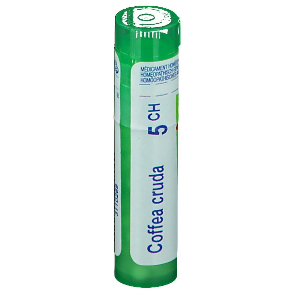 Groen-witte tube. Opschrift: Coffea cruda 5 CH. Homeopathisch geneesmiddel. 3110269.