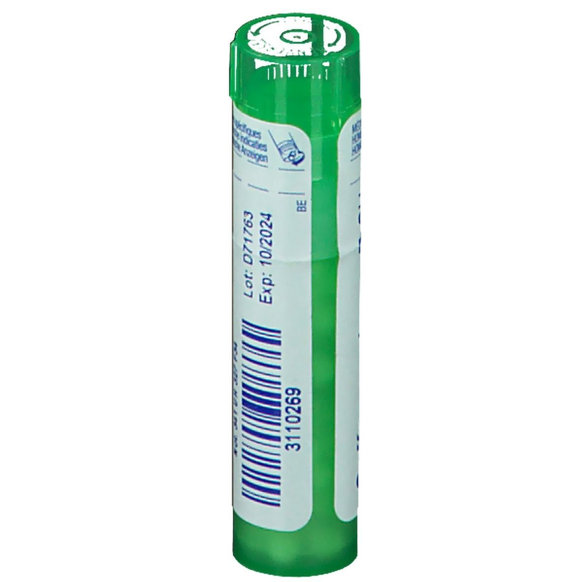 Groen-witte tube. Opschrift: Lotnummer en vervaldatum. 3110269. Homeopathisch geneesmiddel.
