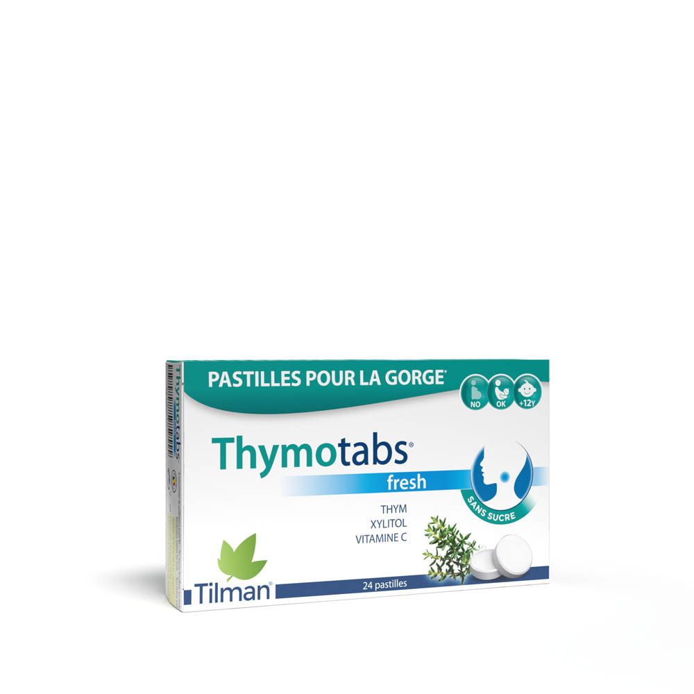 Boîte de Thymotabs fresh. 24 comprimés. Contient thym, xylitol, vitamine C. Sans sucre.
