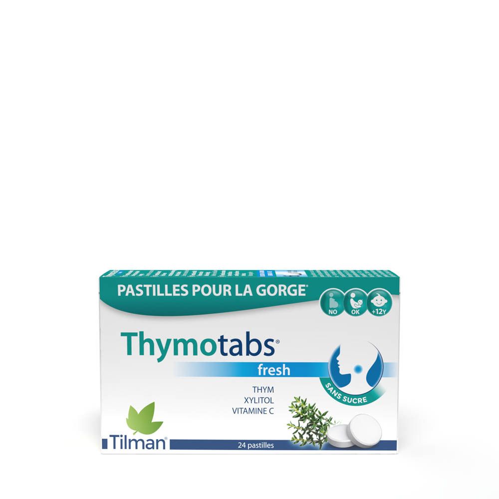 Boîte de Thymotabs fresh. 24 comprimés. Contient thym, xylitol, vitamine C. Sans sucre.