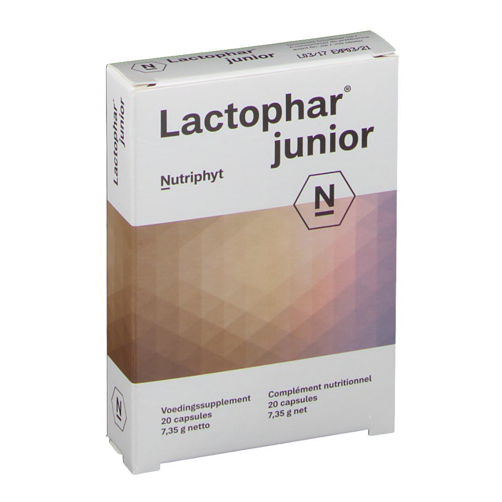 Boîte Lactophar junior, Nutriphyt. Contient 20 capsules. Complément nutritionnel.