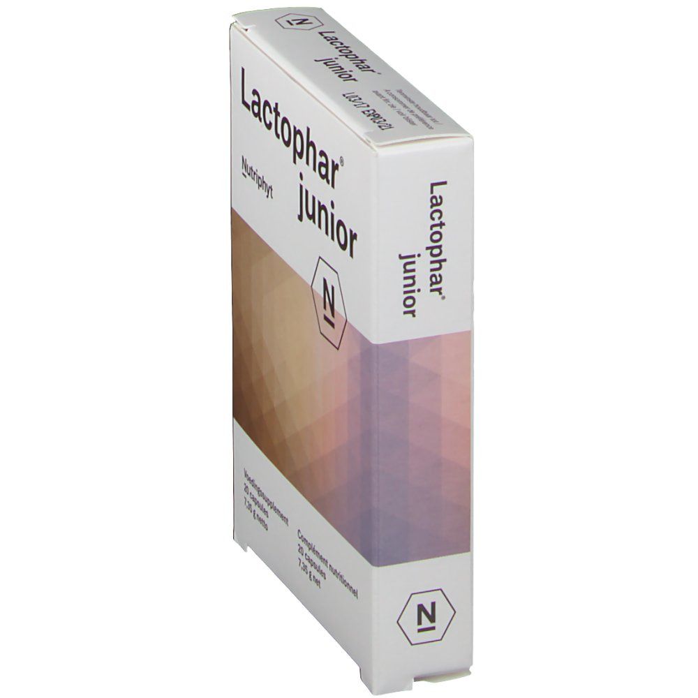 Vue en biais de la boîte Lactophar junior. Inscription Lactophar junior et Nutriphyt.
