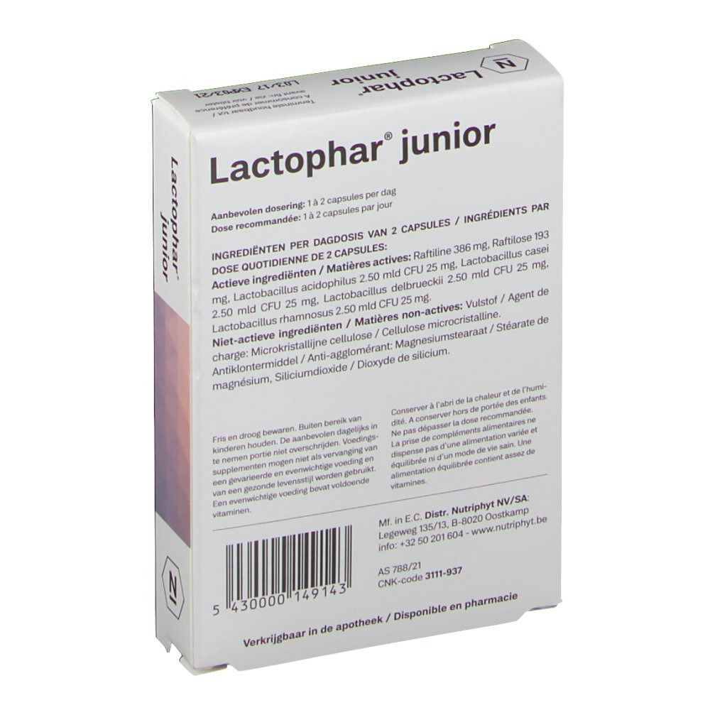 Dos de la boîte Lactophar junior. Contient des informations sur les ingrédients et le dosage.